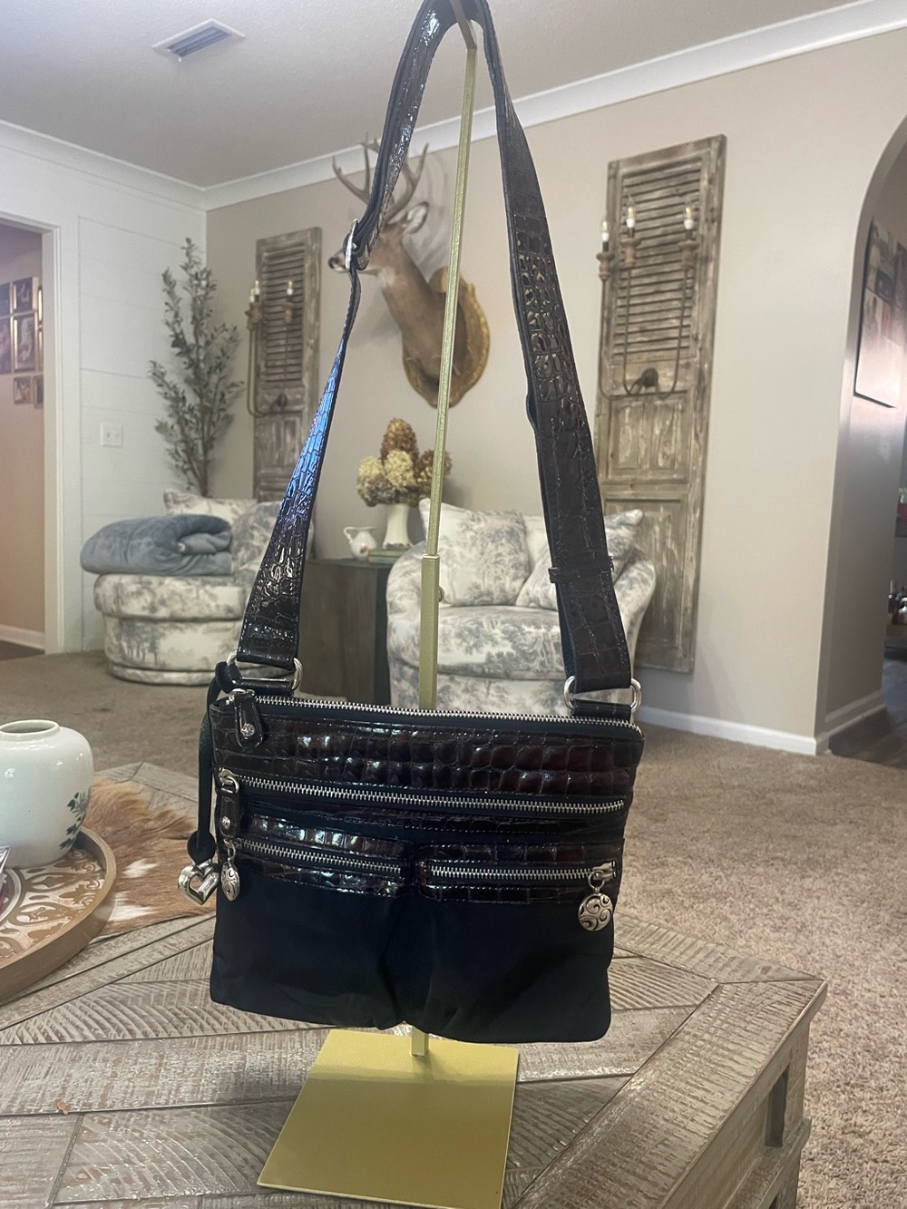 Brighton Go Go Brown/Black Nylon Leather Crossbody